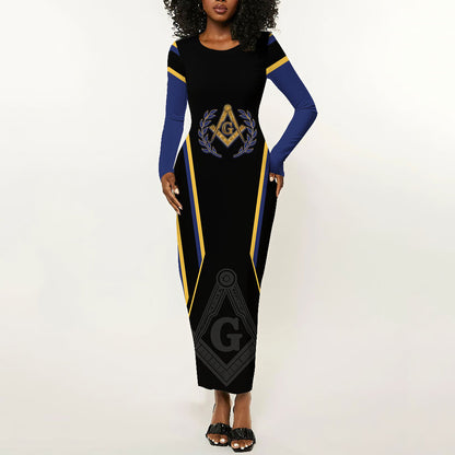 Personalized Prince Hall Freemasonry Long Sleeve Bodycon Dress Royal Blue Gold Masonic Geometric Legacy Graphic
