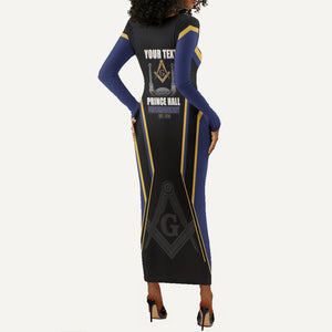Personalized Prince Hall Freemasonry Long Sleeve Bodycon Dress Royal Blue Gold Masonic Geometric Legacy Graphic