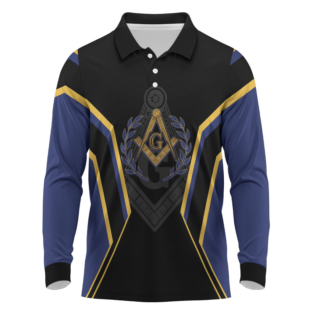 Personalized Prince Hall Freemasonry Long Sleeve Polo Shirt Royal Blue Gold Masonic Geometric Legacy Graphic