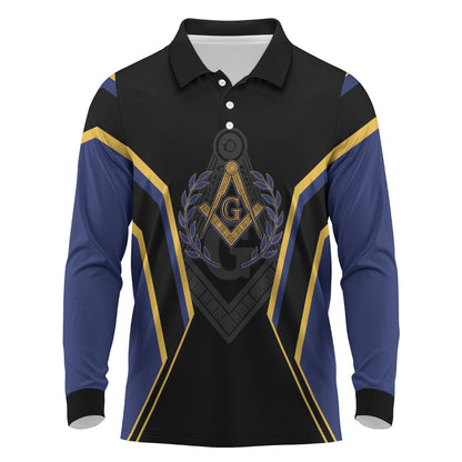 Personalized Prince Hall Freemasonry Long Sleeve Polo Shirt Royal Blue Gold Masonic Geometric Legacy Graphic