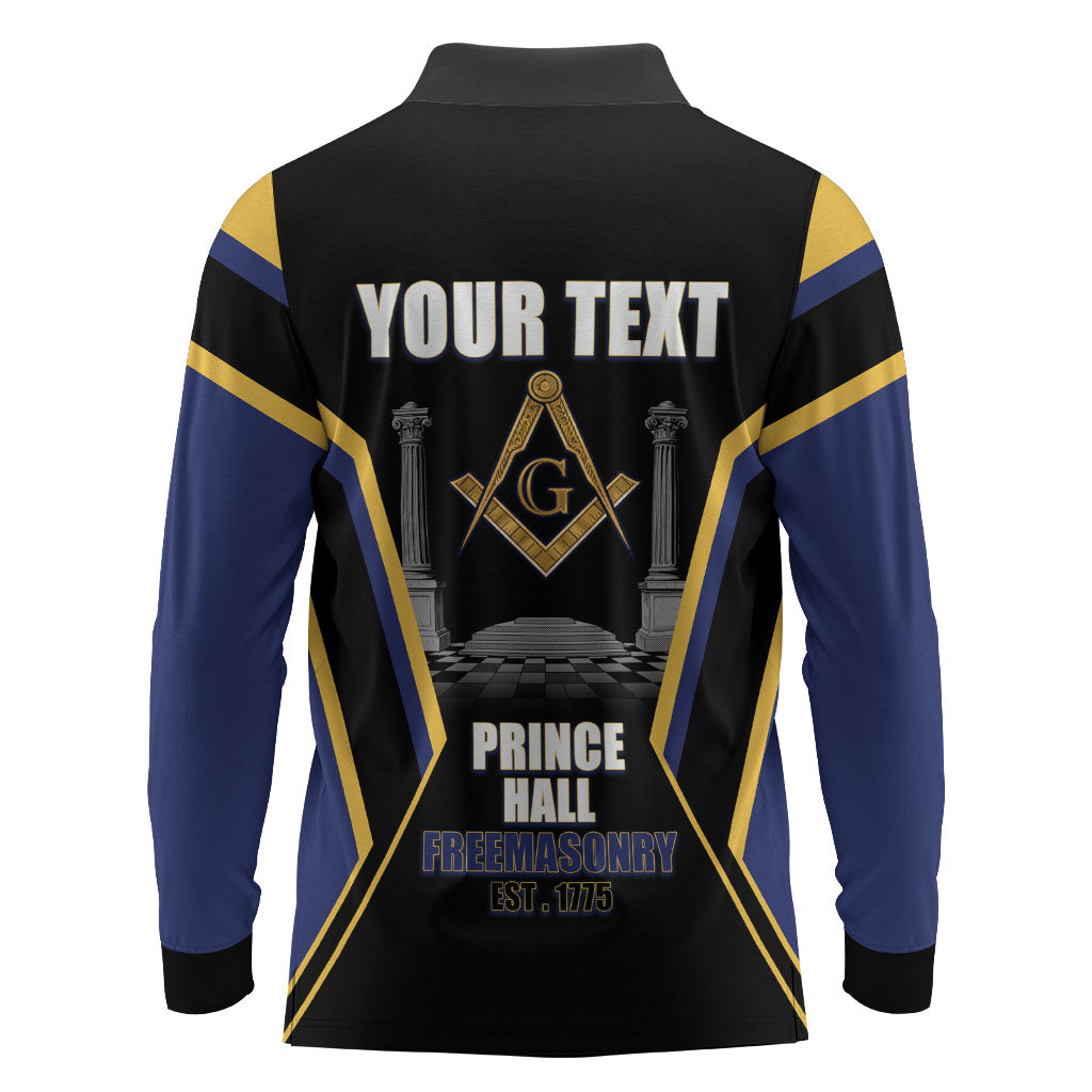 Personalized Prince Hall Freemasonry Long Sleeve Polo Shirt Royal Blue Gold Masonic Geometric Legacy Graphic