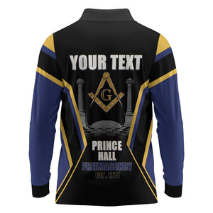 Personalized Prince Hall Freemasonry Long Sleeve Polo Shirt Royal Blue Gold Masonic Geometric Legacy Graphic