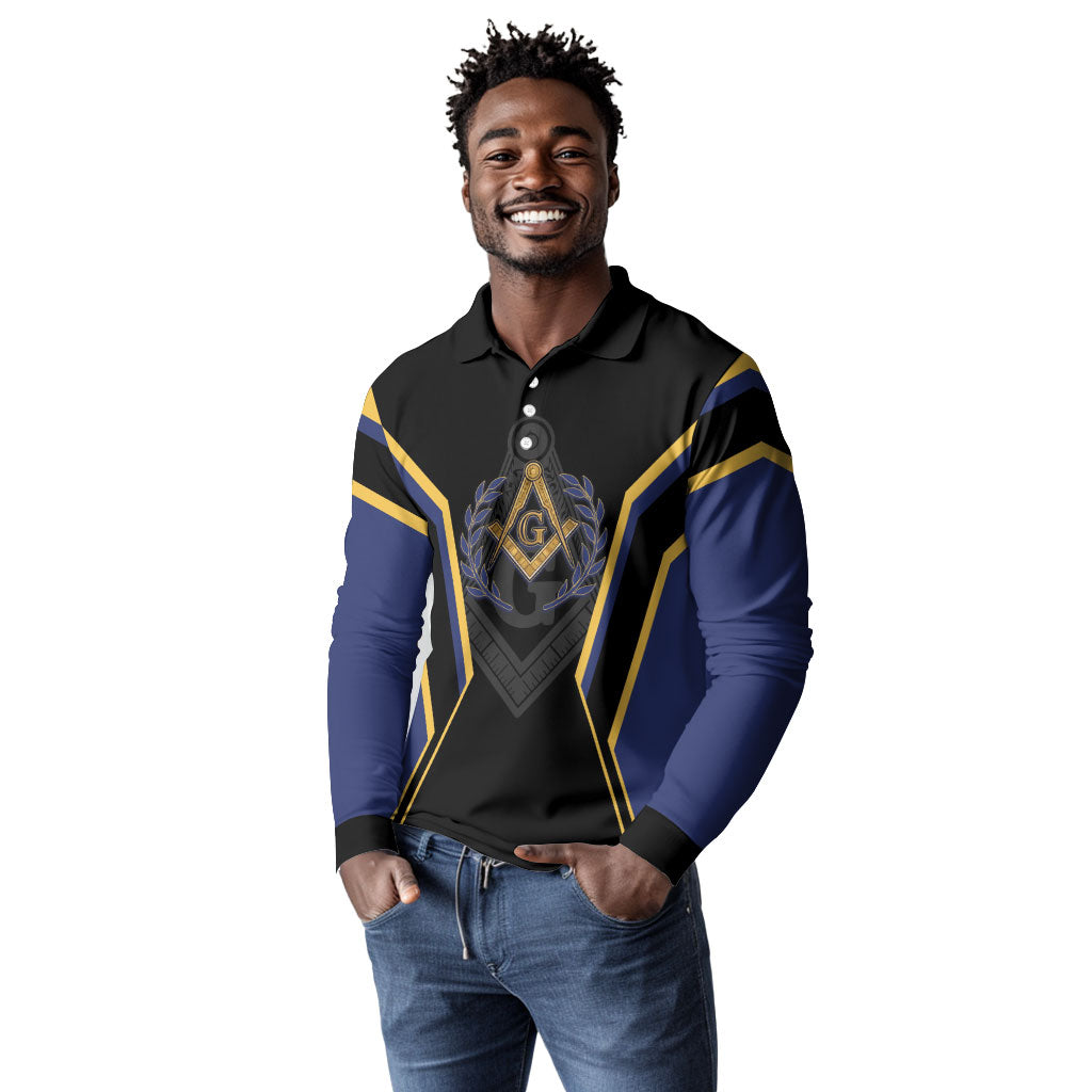 Personalized Prince Hall Freemasonry Long Sleeve Polo Shirt Royal Blue Gold Masonic Geometric Legacy Graphic