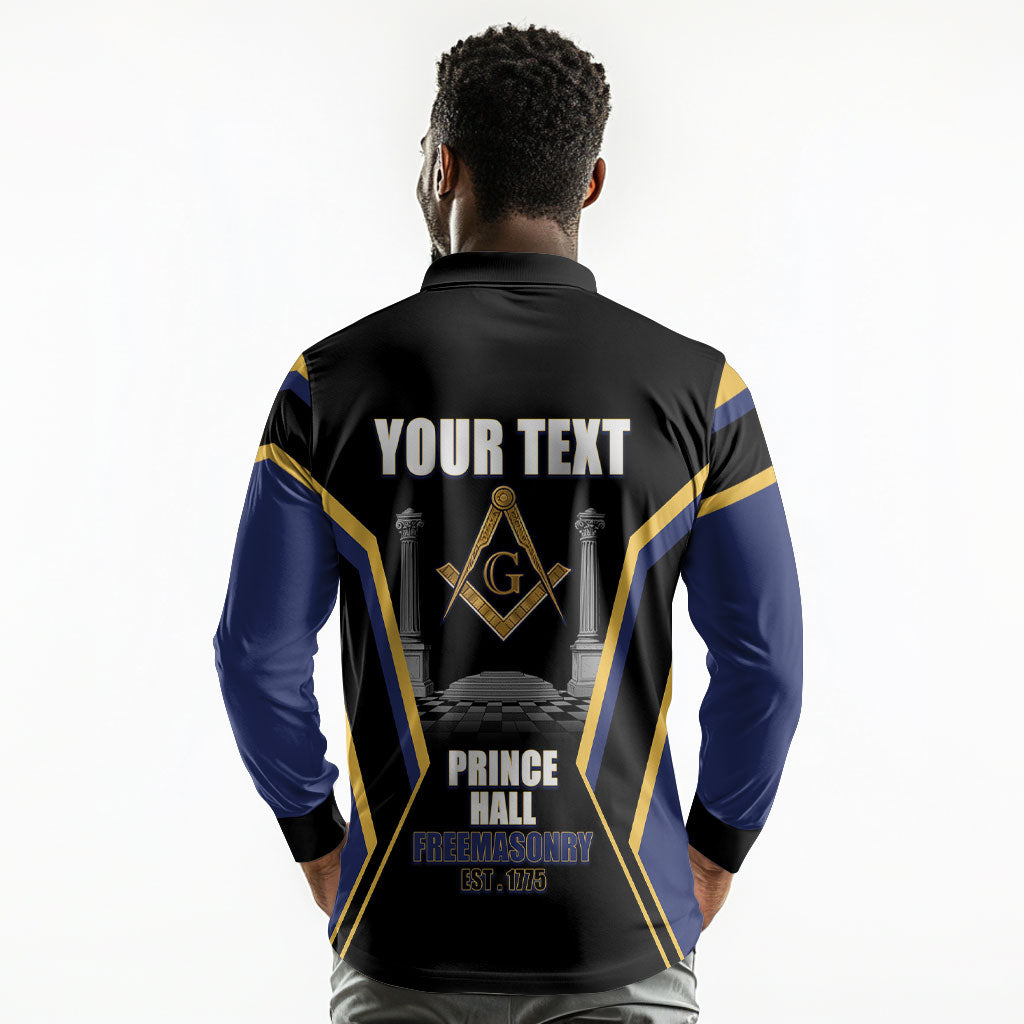 Personalized Prince Hall Freemasonry Long Sleeve Polo Shirt Royal Blue Gold Masonic Geometric Legacy Graphic