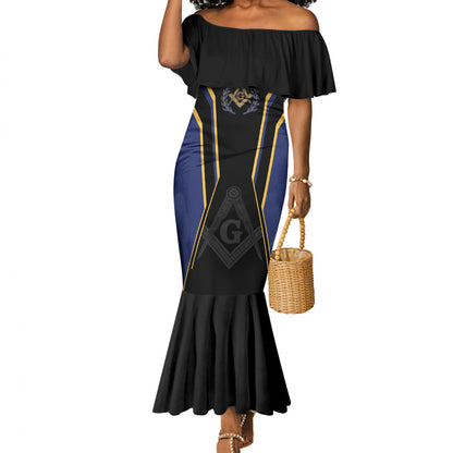 Personalized Prince Hall Freemasonry Mermaid Dress Royal Blue Gold Masonic Geometric Legacy Graphic