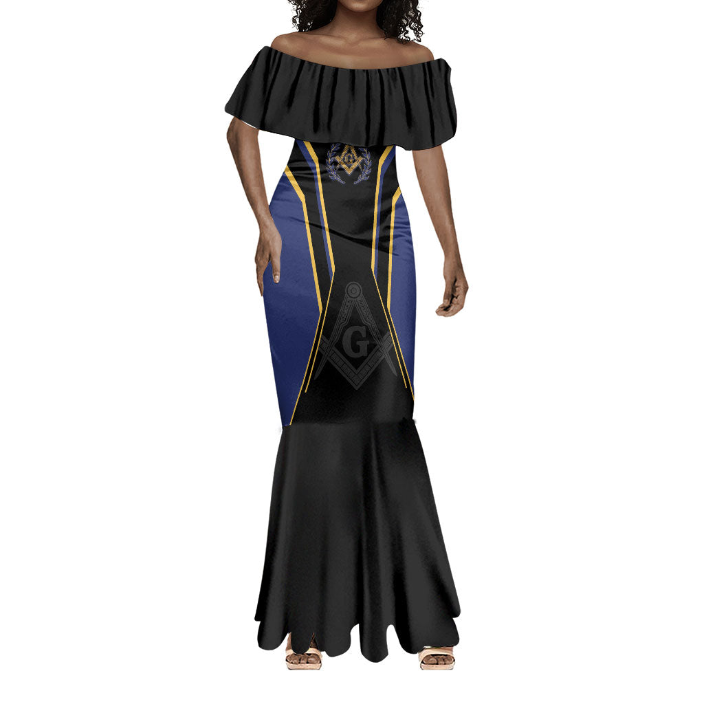 Personalized Prince Hall Freemasonry Mermaid Dress Royal Blue Gold Masonic Geometric Legacy Graphic