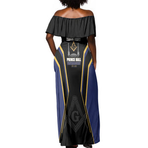 Personalized Prince Hall Freemasonry Off Shoulder Maxi Dress Royal Blue Gold Masonic Geometric Legacy Graphic