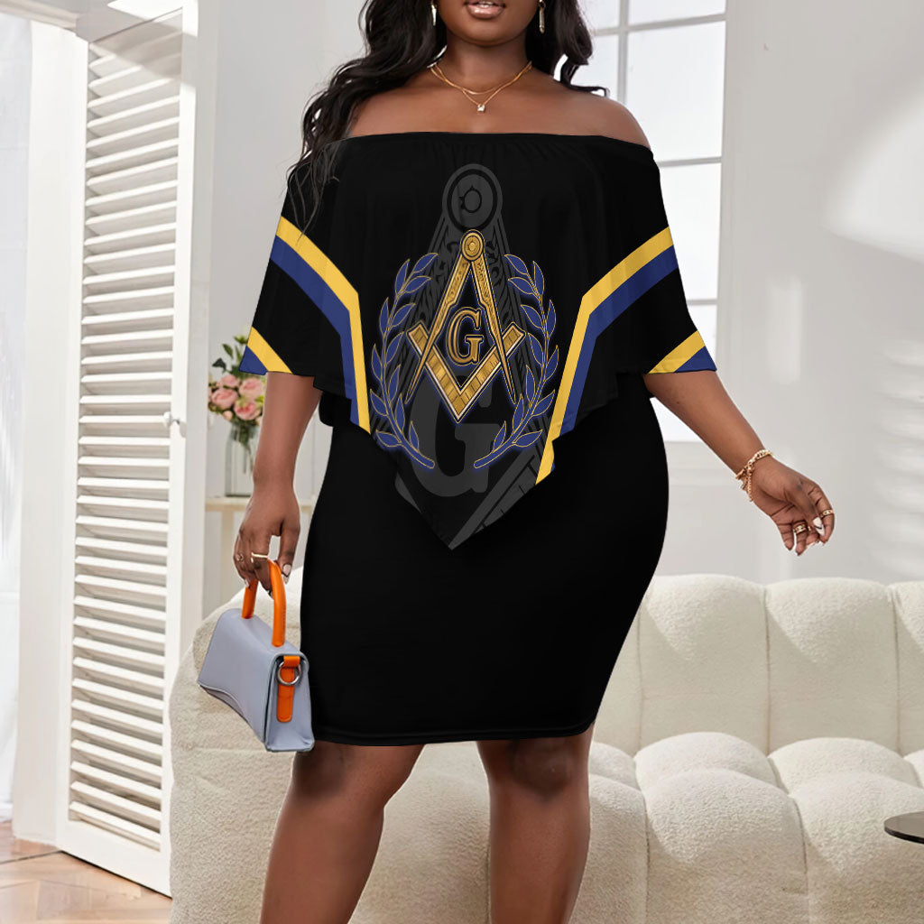 Personalized Prince Hall Freemasonry Off Shoulder Short Dress Royal Blue Gold Masonic Geometric Legacy Graphic