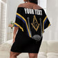 Personalized Prince Hall Freemasonry Off Shoulder Short Dress Royal Blue Gold Masonic Geometric Legacy Graphic