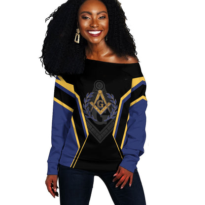 Personalized Prince Hall Freemasonry Off Shoulder Sweater Royal Blue Gold Masonic Geometric Legacy Graphic