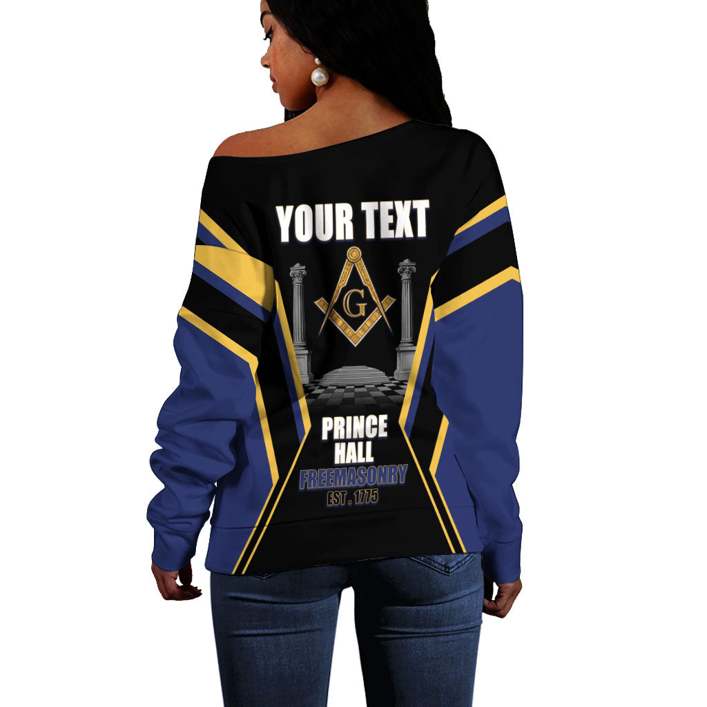 Personalized Prince Hall Freemasonry Off Shoulder Sweater Royal Blue Gold Masonic Geometric Legacy Graphic