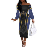 Personalized Prince Hall Freemasonry Off The Shoulder Long Sleeve Dress Royal Blue Gold Masonic Geometric Legacy Graphic
