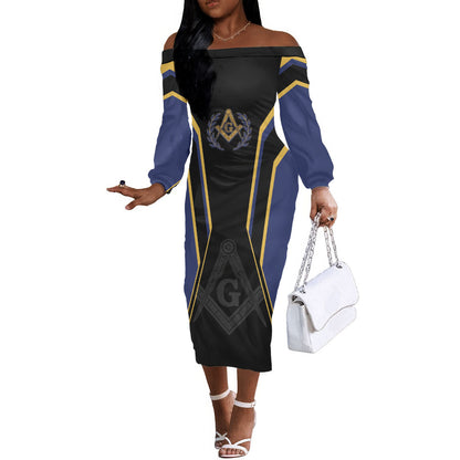 Personalized Prince Hall Freemasonry Off The Shoulder Long Sleeve Dress Royal Blue Gold Masonic Geometric Legacy Graphic