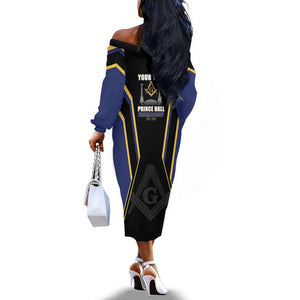 Personalized Prince Hall Freemasonry Off The Shoulder Long Sleeve Dress Royal Blue Gold Masonic Geometric Legacy Graphic