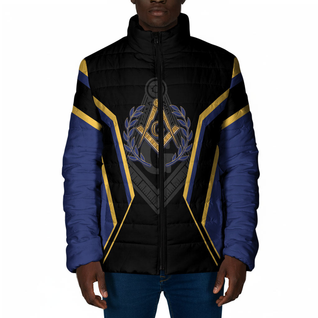 Personalized Prince Hall Freemasonry Padded Jacket Royal Blue Gold Masonic Geometric Legacy Graphic