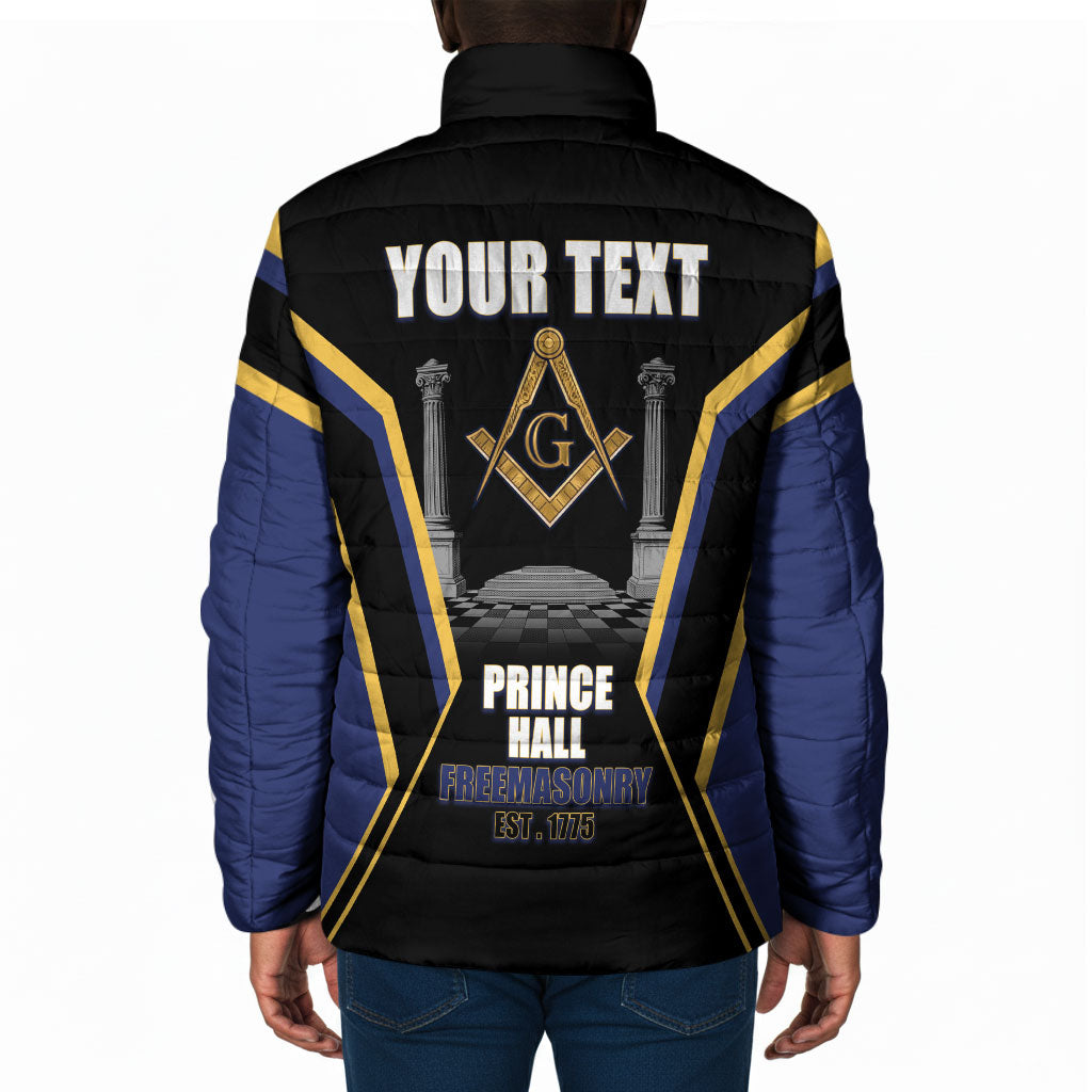 Personalized Prince Hall Freemasonry Padded Jacket Royal Blue Gold Masonic Geometric Legacy Graphic