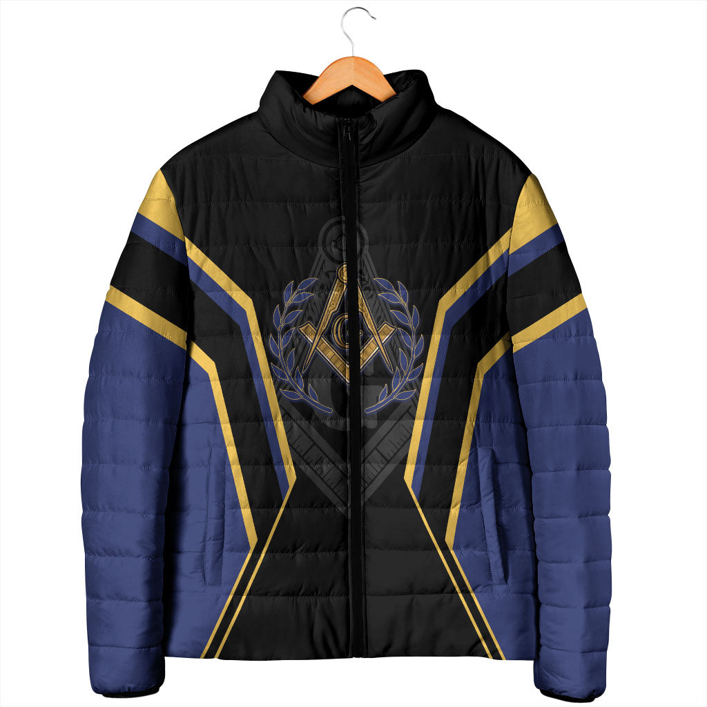 Personalized Prince Hall Freemasonry Padded Jacket Royal Blue Gold Masonic Geometric Legacy Graphic