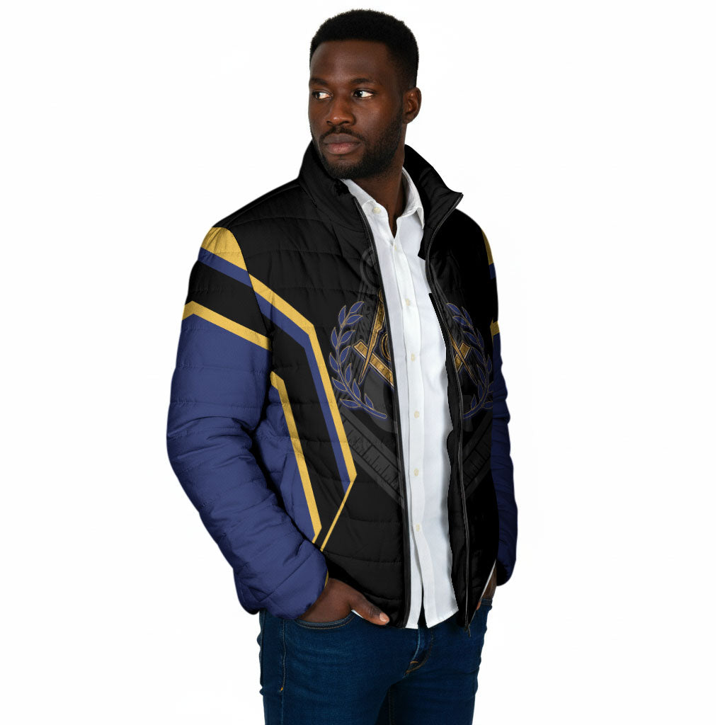 Personalized Prince Hall Freemasonry Padded Jacket Royal Blue Gold Masonic Geometric Legacy Graphic
