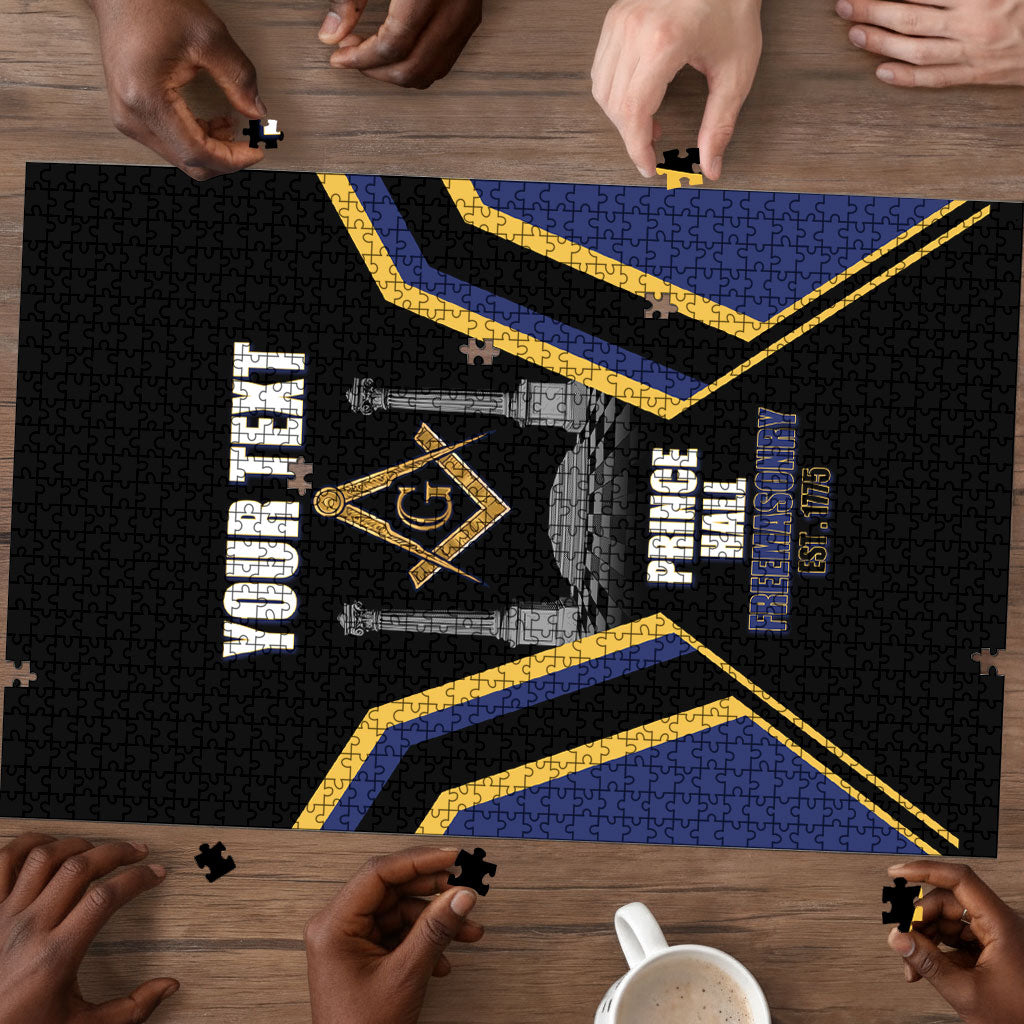 Personalized Prince Hall Freemasonry Puzzle Royal Blue Gold Masonic Geometric Legacy Graphic