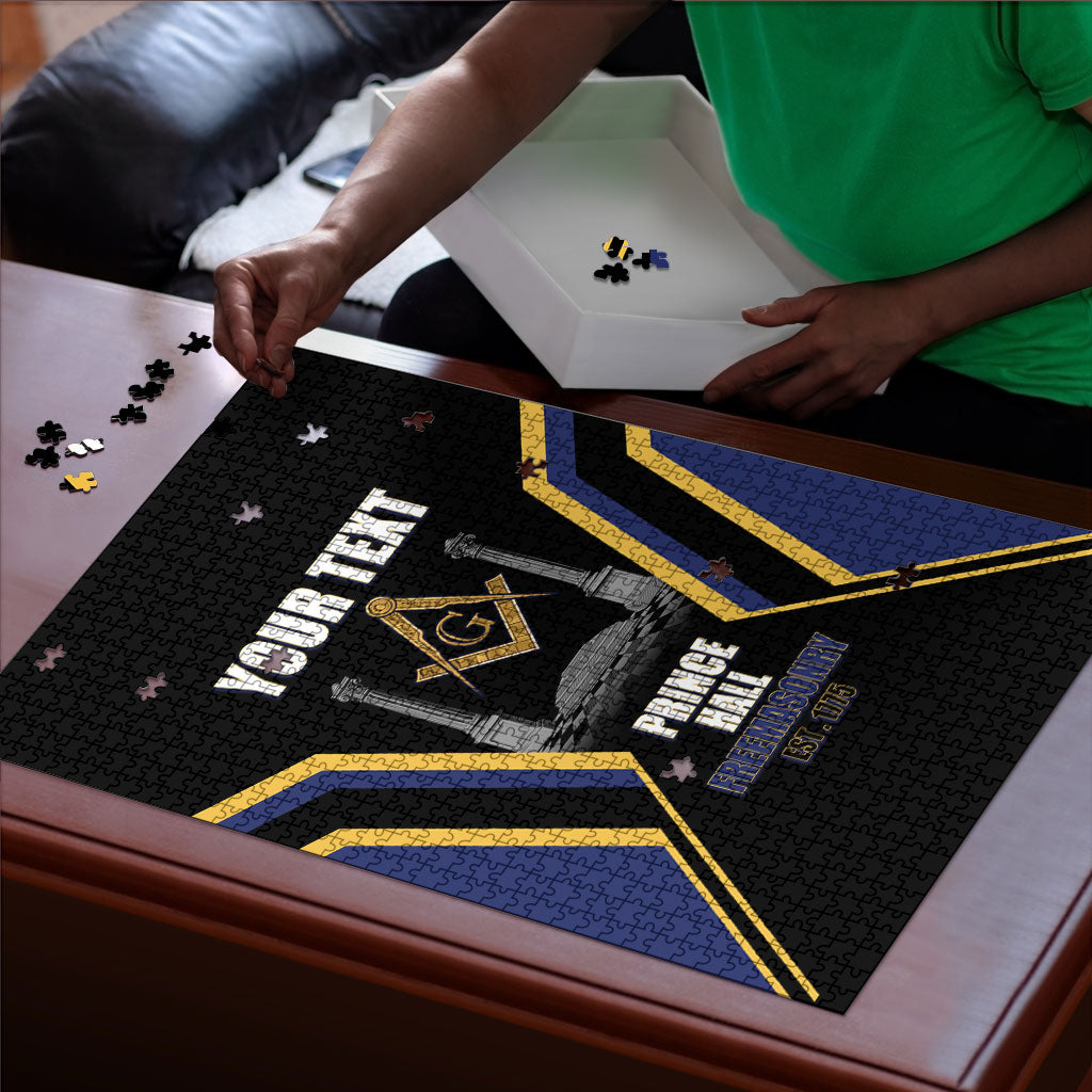 Personalized Prince Hall Freemasonry Puzzle Royal Blue Gold Masonic Geometric Legacy Graphic