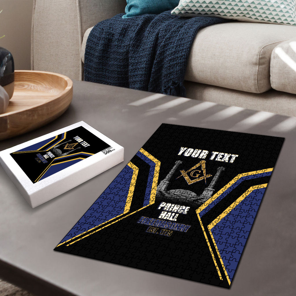 Personalized Prince Hall Freemasonry Puzzle Royal Blue Gold Masonic Geometric Legacy Graphic