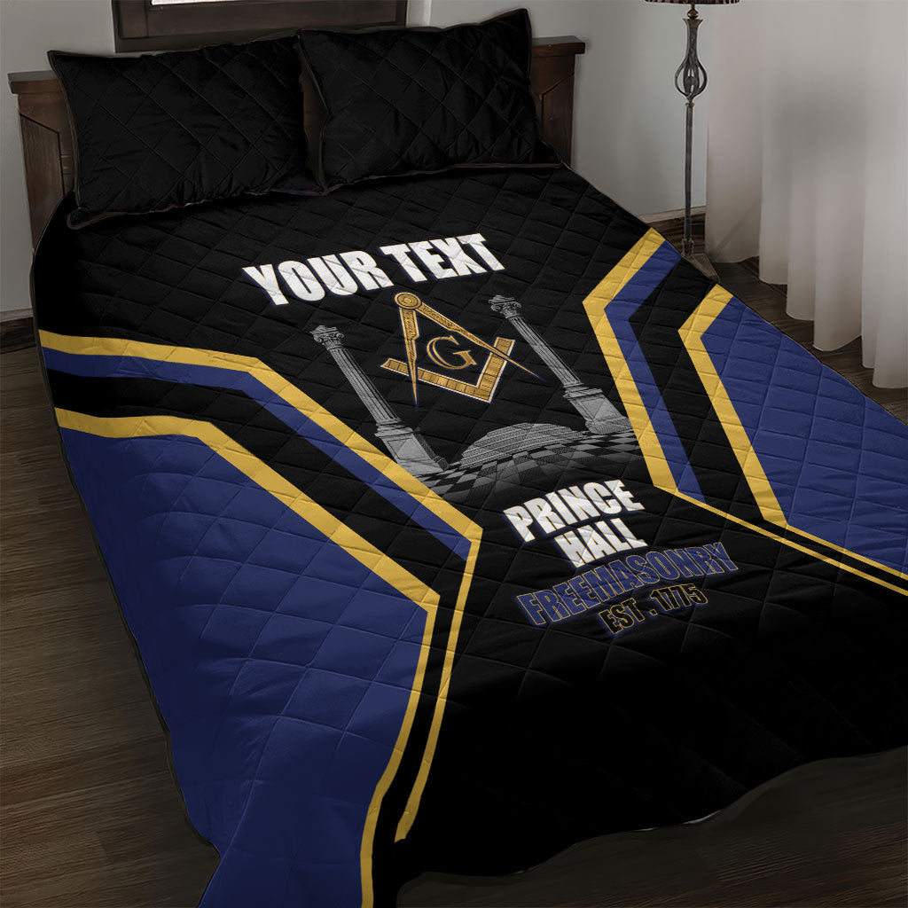 Personalized Prince Hall Freemasonry Quilt Bed Set Royal Blue Gold Masonic Geometric Legacy Graphic