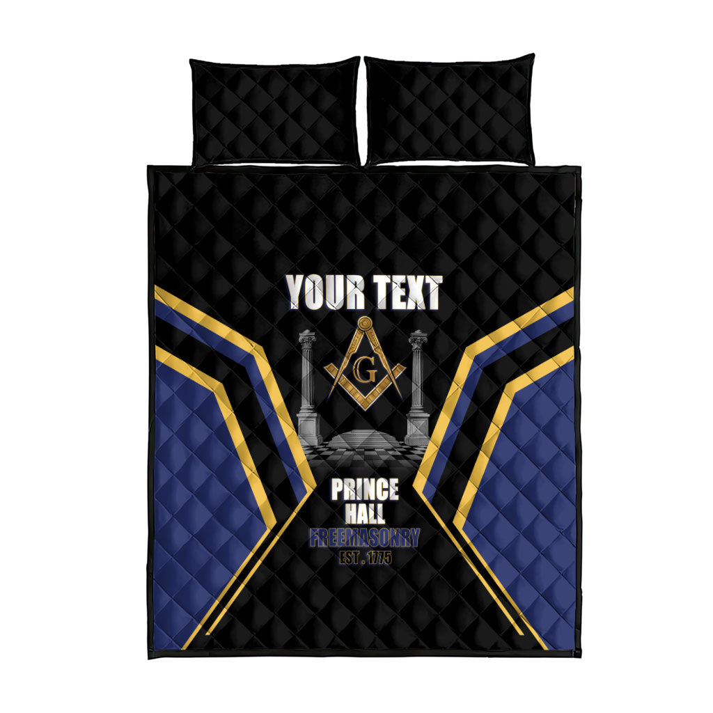 Personalized Prince Hall Freemasonry Quilt Bed Set Royal Blue Gold Masonic Geometric Legacy Graphic