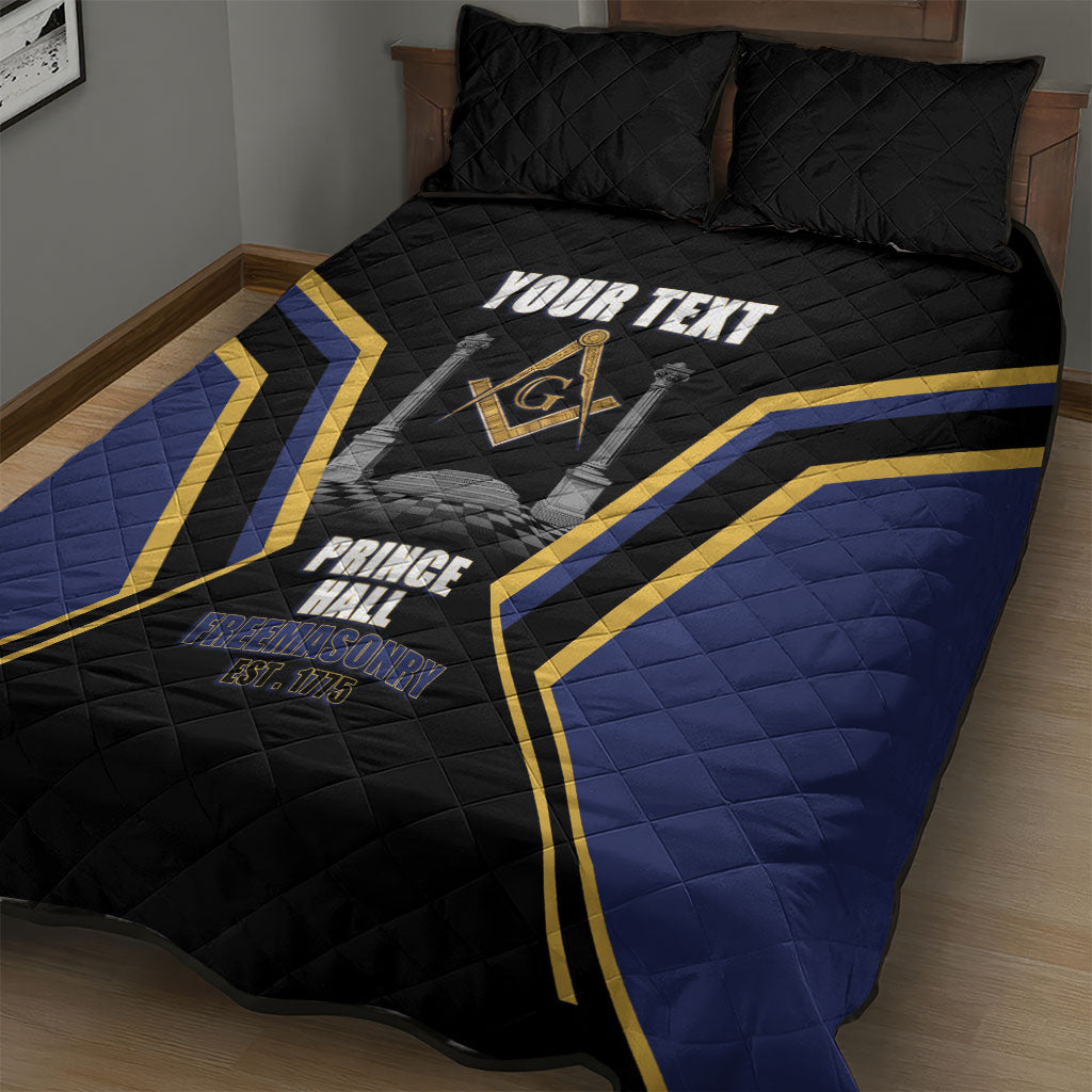 Personalized Prince Hall Freemasonry Quilt Bed Set Royal Blue Gold Masonic Geometric Legacy Graphic
