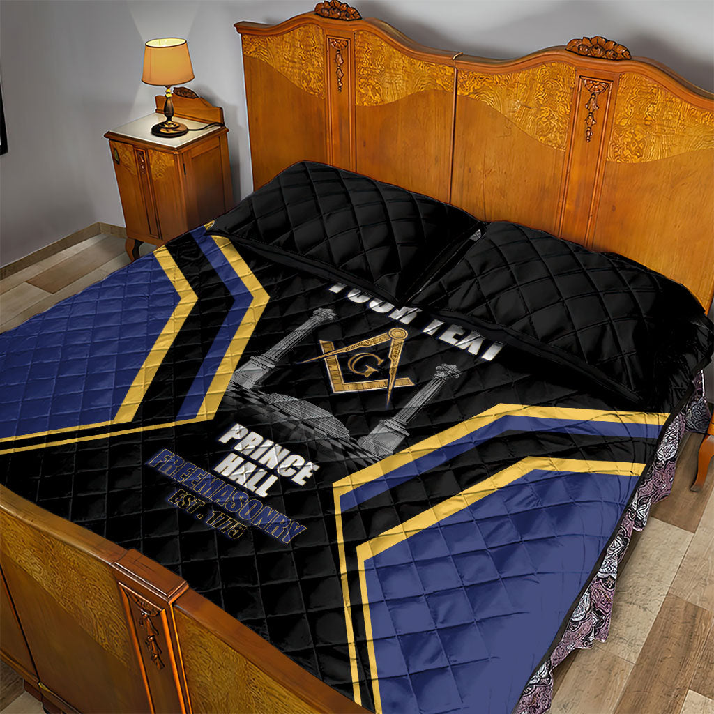 Personalized Prince Hall Freemasonry Quilt Bed Set Royal Blue Gold Masonic Geometric Legacy Graphic