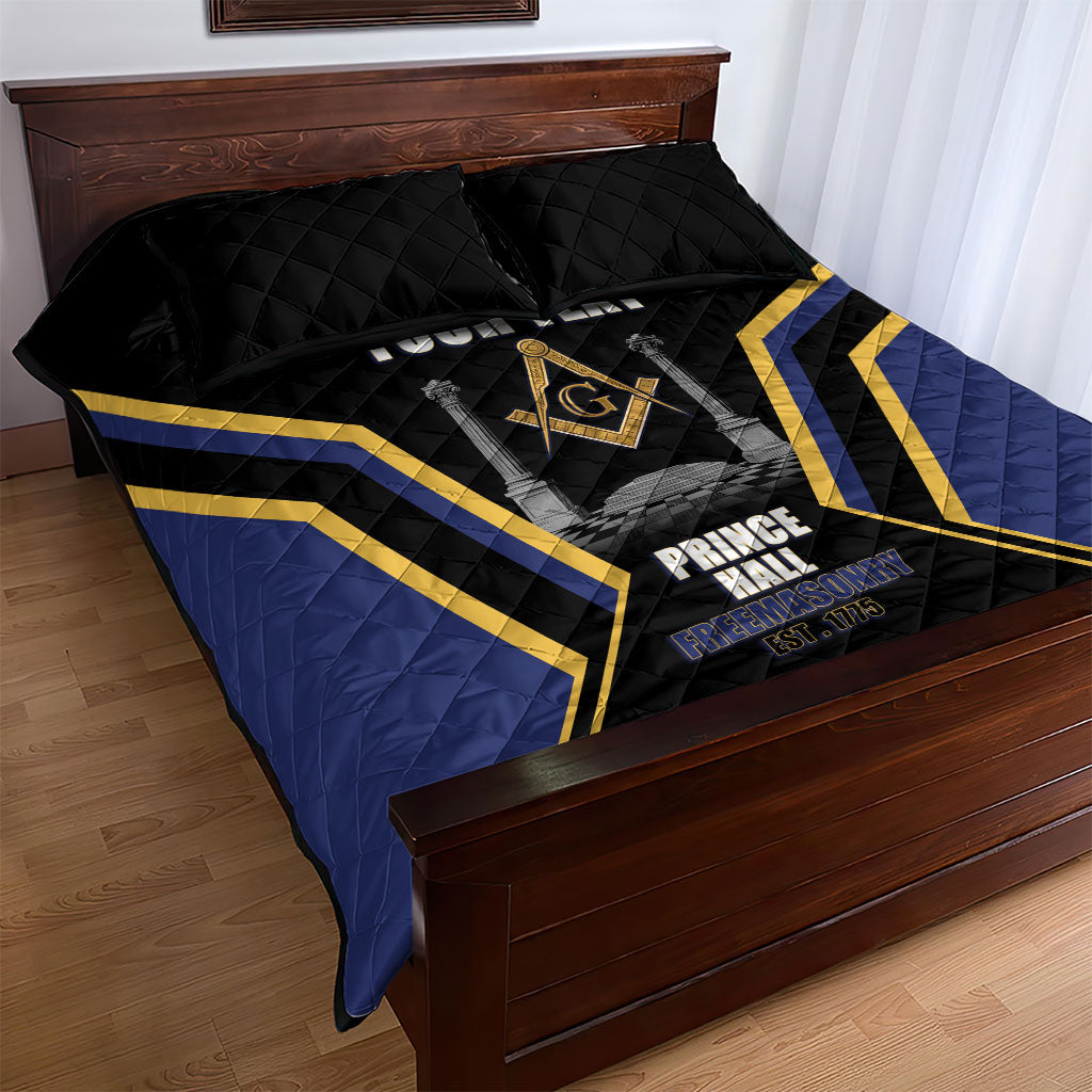 Personalized Prince Hall Freemasonry Quilt Bed Set Royal Blue Gold Masonic Geometric Legacy Graphic