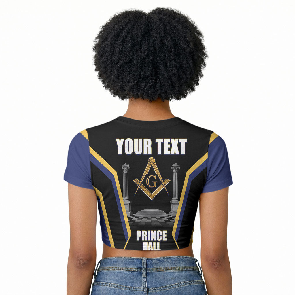 Personalized Prince Hall Freemasonry Raglan Cropped T shirt Royal Blue Gold Masonic Geometric Legacy Graphic