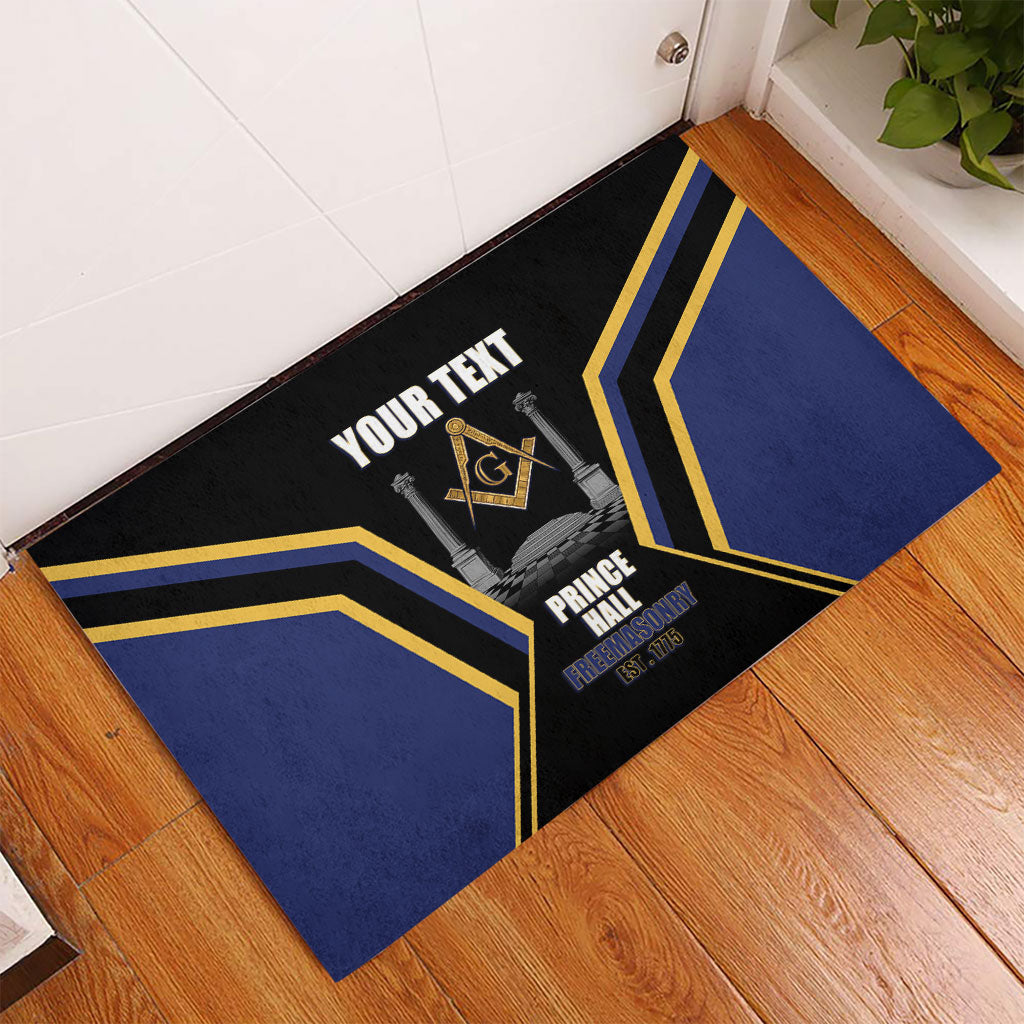 Personalized Prince Hall Freemasonry Rubber Doormat Royal Blue Gold Masonic Geometric Legacy Graphic