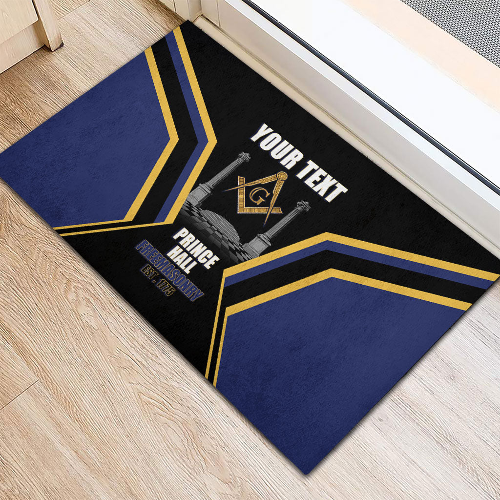 Personalized Prince Hall Freemasonry Rubber Doormat Royal Blue Gold Masonic Geometric Legacy Graphic