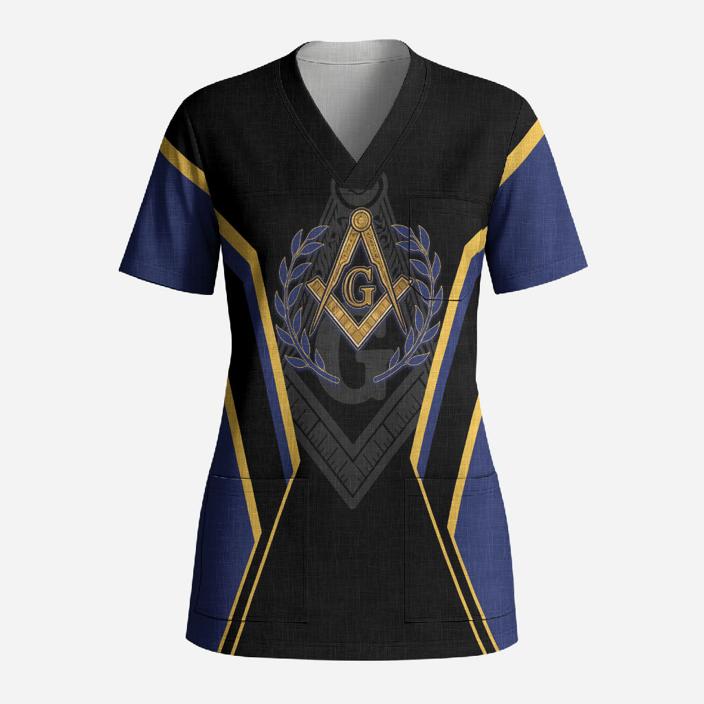 Personalized Prince Hall Freemasonry Scrub Top Royal Blue Gold Masonic Geometric Legacy Graphic