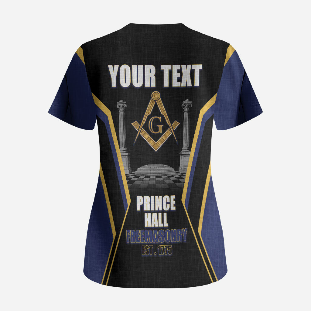 Personalized Prince Hall Freemasonry Scrub Top Royal Blue Gold Masonic Geometric Legacy Graphic