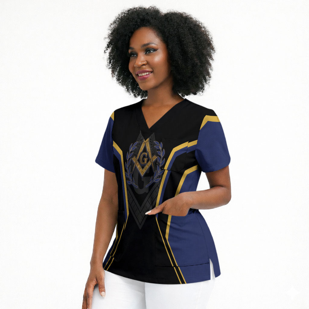 Personalized Prince Hall Freemasonry Scrub Top Royal Blue Gold Masonic Geometric Legacy Graphic