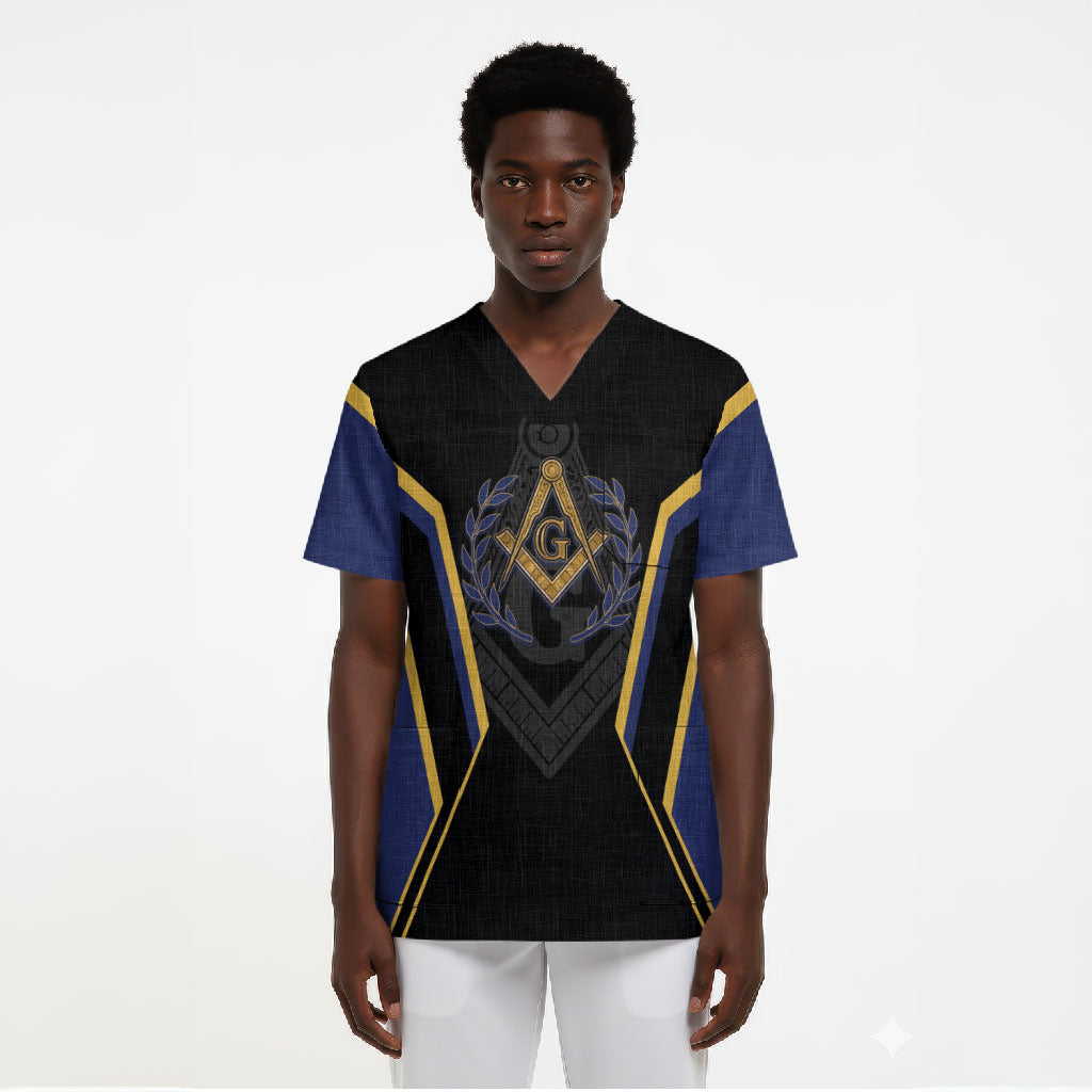 Personalized Prince Hall Freemasonry Scrub Top Royal Blue Gold Masonic Geometric Legacy Graphic
