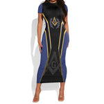 Personalized Prince Hall Freemasonry Short Sleeve Bodycon Dress Royal Blue Gold Masonic Geometric Legacy Graphic