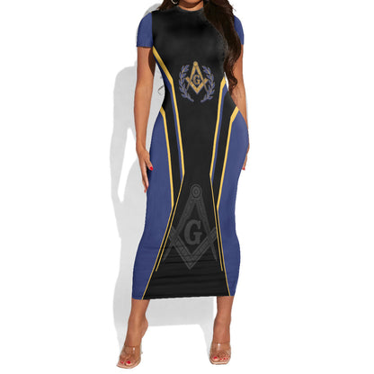 Personalized Prince Hall Freemasonry Short Sleeve Bodycon Dress Royal Blue Gold Masonic Geometric Legacy Graphic
