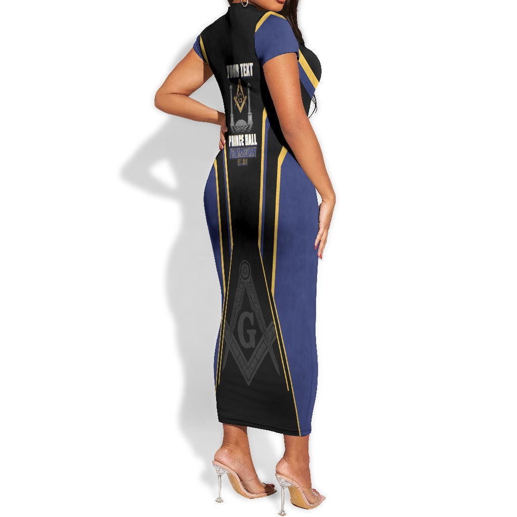 Personalized Prince Hall Freemasonry Short Sleeve Bodycon Dress Royal Blue Gold Masonic Geometric Legacy Graphic