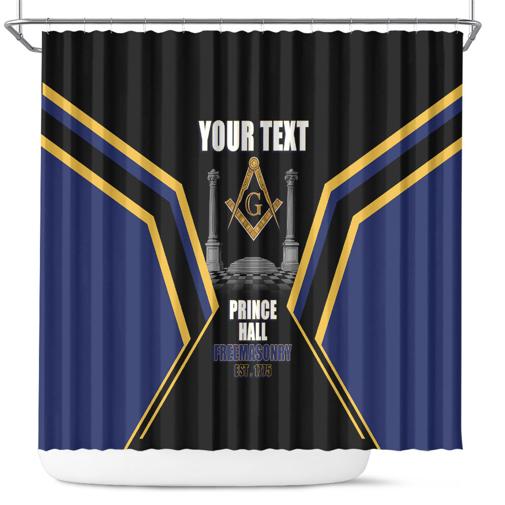 Personalized Prince Hall Freemasonry Shower Curtain Royal Blue Gold Masonic Geometric Legacy Graphic