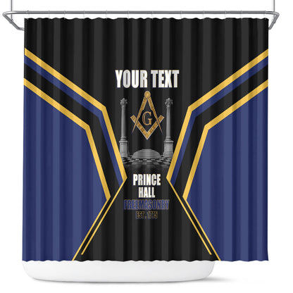 Personalized Prince Hall Freemasonry Shower Curtain Royal Blue Gold Masonic Geometric Legacy Graphic