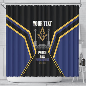 Personalized Prince Hall Freemasonry Shower Curtain Royal Blue Gold Masonic Geometric Legacy Graphic