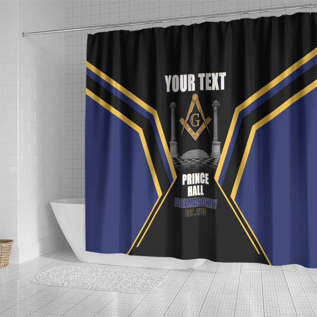 Personalized Prince Hall Freemasonry Shower Curtain Royal Blue Gold Masonic Geometric Legacy Graphic