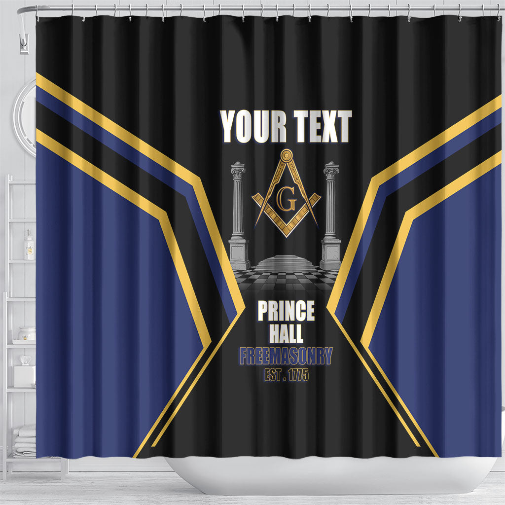 Personalized Prince Hall Freemasonry Shower Curtain Royal Blue Gold Masonic Geometric Legacy Graphic