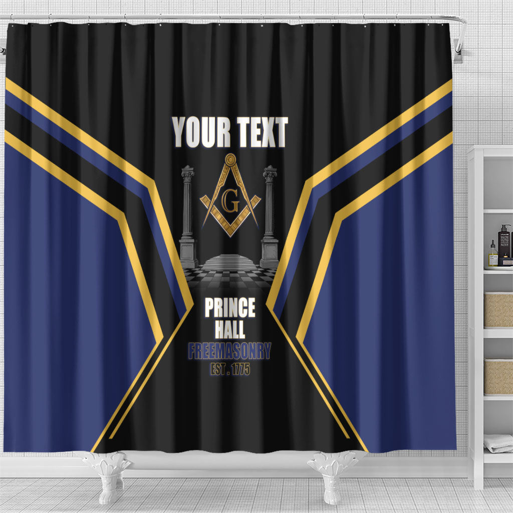 Personalized Prince Hall Freemasonry Shower Curtain Royal Blue Gold Masonic Geometric Legacy Graphic