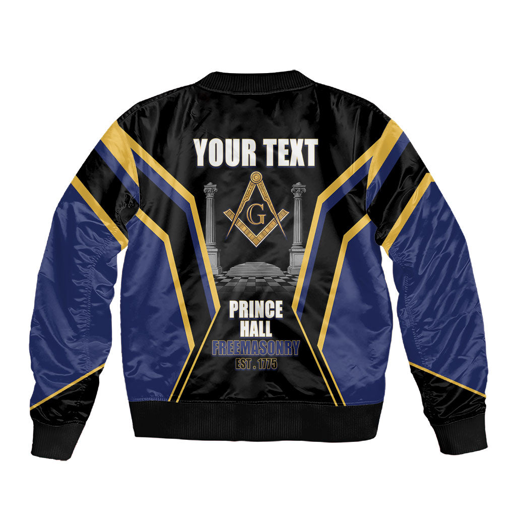 Personalized Prince Hall Freemasonry Sleeve Zip Bomber Jacket Royal Blue Gold Masonic Geometric Legacy Graphic