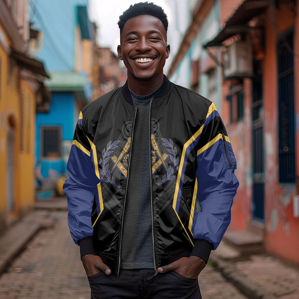 Personalized Prince Hall Freemasonry Sleeve Zip Bomber Jacket Royal Blue Gold Masonic Geometric Legacy Graphic