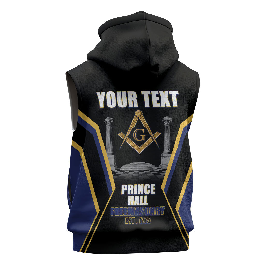 Personalized Prince Hall Freemasonry Sleeveless Hoodie Royal Blue Gold Masonic Geometric Legacy Graphic