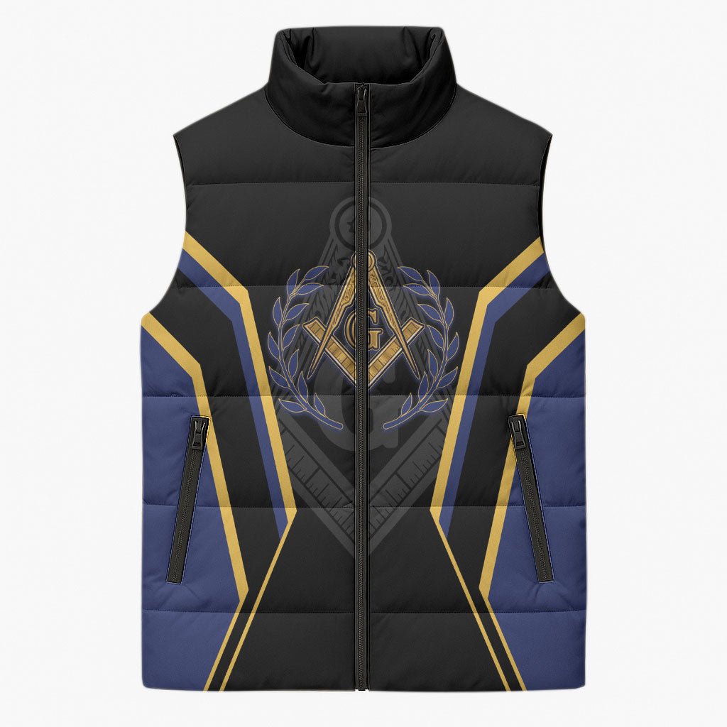 Personalized Prince Hall Freemasonry Sleeveless Puffer Jacket Royal Blue Gold Masonic Geometric Legacy Graphic